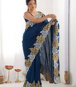 Designer chiffon silk heavy jari work blue  color saree