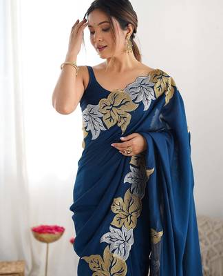 Designer chiffon silk heavy jari work blue  color saree 2