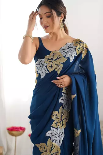 Designer chiffon silk heavy jari work blue  color saree