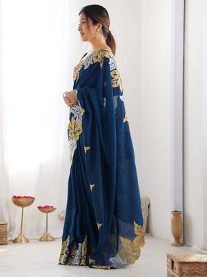 Designer chiffon silk heavy jari work blue  color saree 3