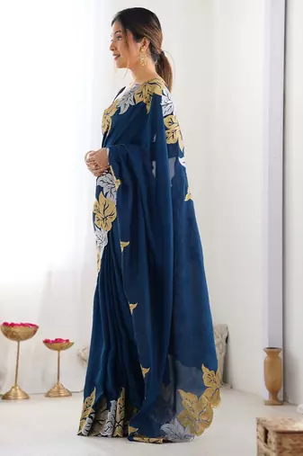 Designer chiffon silk heavy jari work blue  color saree