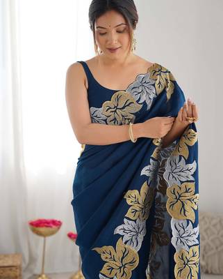 Designer chiffon silk heavy jari work blue  color saree 4