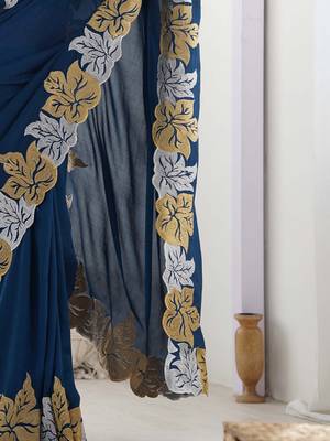 Designer chiffon silk heavy jari work blue  color saree 5
