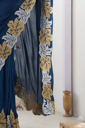 Designer chiffon silk heavy jari work blue  color saree