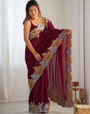 Designer chiffon silk heavy jari work magenta color saree 1