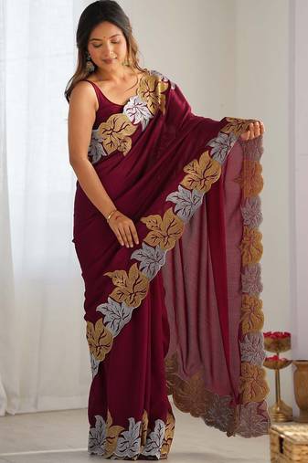 Designer chiffon silk heavy jari work magenta color saree