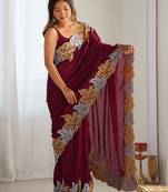 Designer chiffon silk heavy jari work magenta color saree