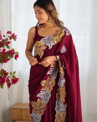 Designer chiffon silk heavy jari work magenta color saree 2