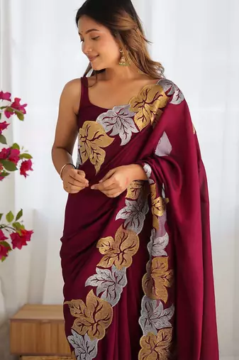 Designer chiffon silk heavy jari work magenta color saree
