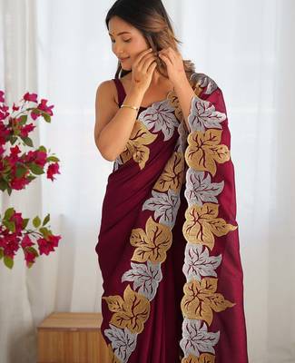 Designer chiffon silk heavy jari work magenta color saree 3