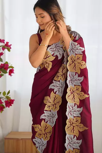 Designer chiffon silk heavy jari work magenta color saree