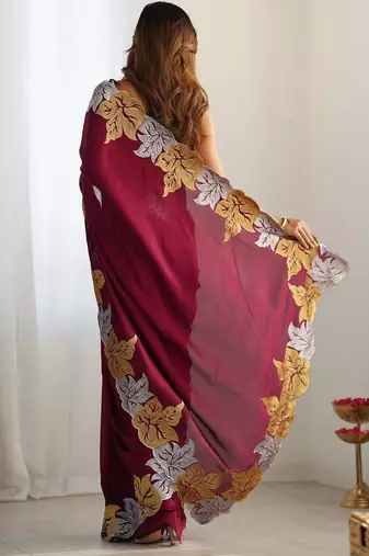 Designer chiffon silk heavy jari work magenta color saree