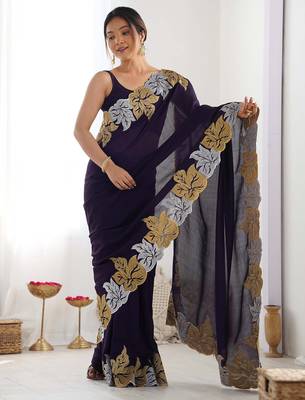 Designer chiffon silk heavy jari work purple color saree 1