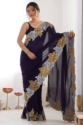 Designer chiffon silk heavy jari work purple color saree