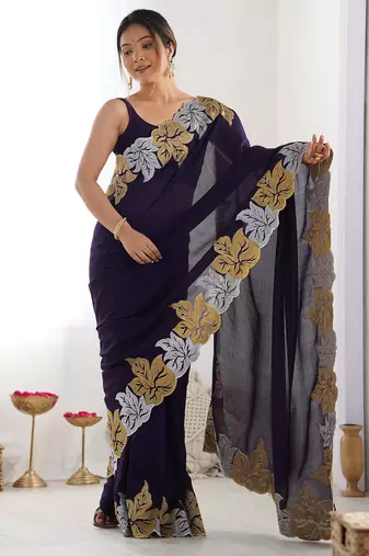 Designer chiffon silk heavy jari work purple color saree