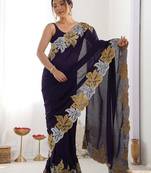 Designer chiffon silk heavy jari work purple color saree