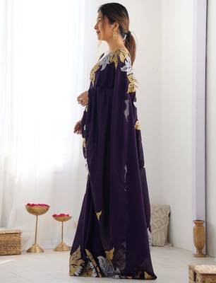 Designer chiffon silk heavy jari work purple color saree 2