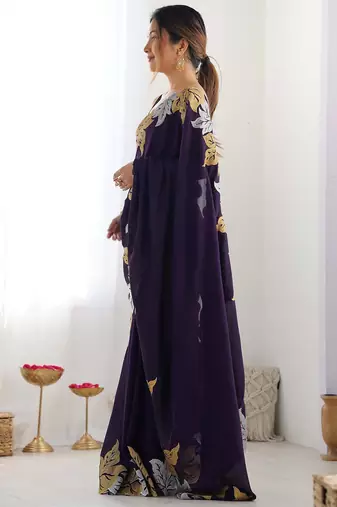 Designer chiffon silk heavy jari work purple color saree