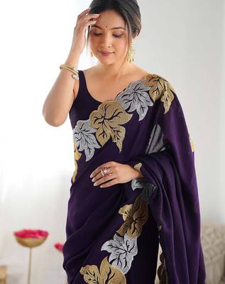 Designer chiffon silk heavy jari work purple color saree 3