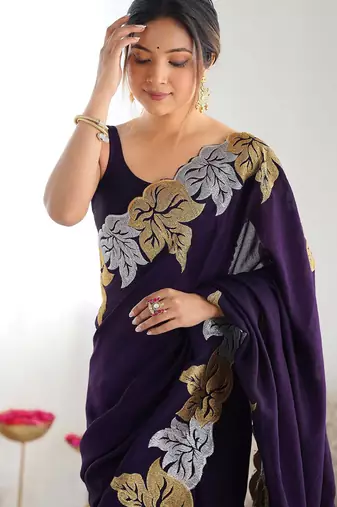 Designer chiffon silk heavy jari work purple color saree