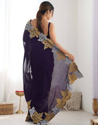 Designer chiffon silk heavy jari work purple color saree 4