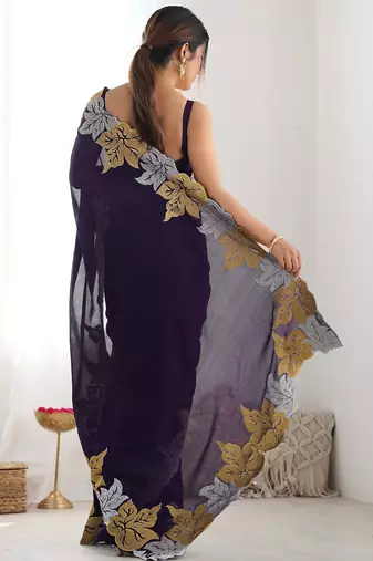 Designer chiffon silk heavy jari work purple color saree