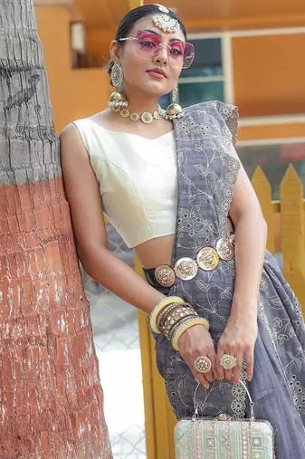 Grey Color Soft Silk Blend Floral Thread Work Saree