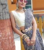 Grey Color Soft Silk Blend Floral Thread Work Saree