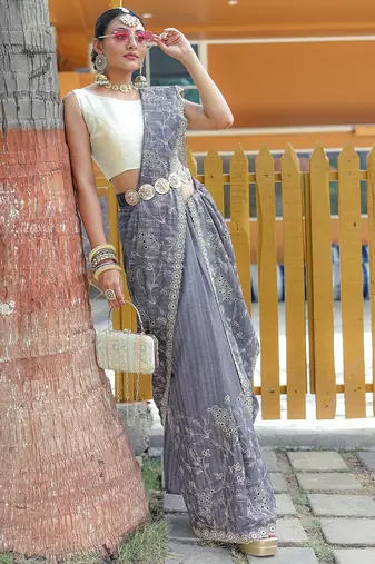 Grey Color Soft Silk Blend Floral Thread Work Saree