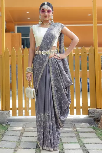 Grey Color Soft Silk Blend Floral Thread Work Saree