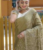 Mehndi Green Color Soft Silk Blend Floral Thread Work Saree