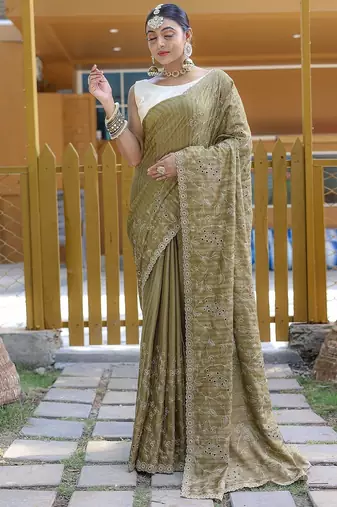Mehndi Green Color Soft Silk Blend Floral Thread Work Saree