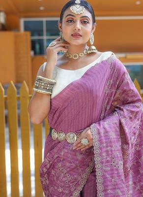 Lavender Color Soft Silk Blend Floral Thread Work Saree 1