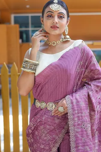 Lavender Color Soft Silk Blend Floral Thread Work Saree