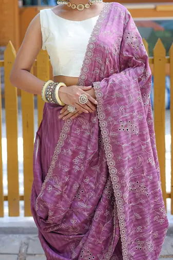 Lavender Color Soft Silk Blend Floral Thread Work Saree