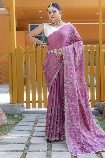 Lavender Color Soft Silk Blend Floral Thread Work Saree