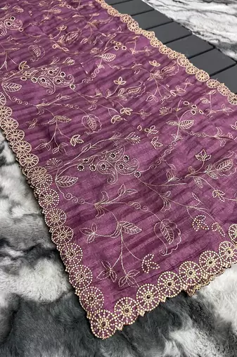Lavender Color Soft Silk Blend Floral Thread Work Saree