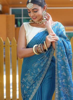 Blue Color Soft Silk Blend Floral Thread Work Saree 1