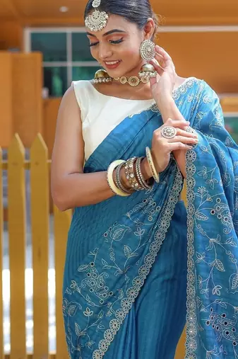 Blue Color Soft Silk Blend Floral Thread Work Saree