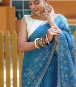 Blue Color Soft Silk Blend Floral Thread Work Saree