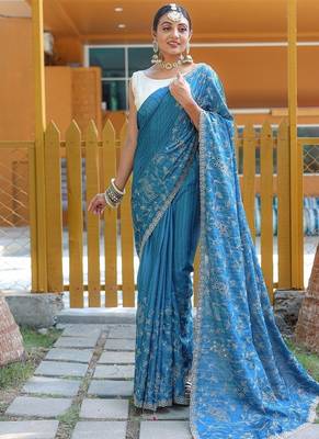 Blue Color Soft Silk Blend Floral Thread Work Saree 3