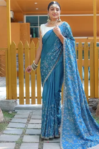 Blue Color Soft Silk Blend Floral Thread Work Saree