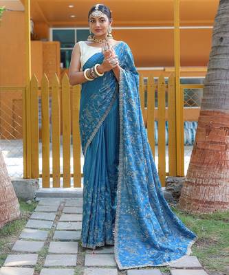 Blue Color Soft Silk Blend Floral Thread Work Saree 4