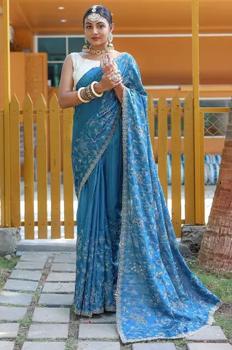 Blue Color Soft Silk Blend Floral Thread Work Saree