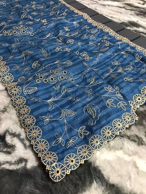Blue Color Soft Silk Blend Floral Thread Work Saree 5