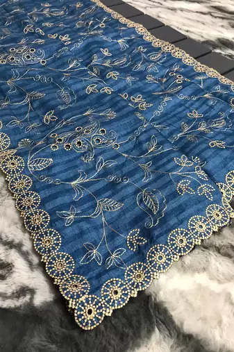 Blue Color Soft Silk Blend Floral Thread Work Saree