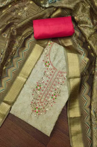 Green cotton banarasi print handwork unstitched dress material