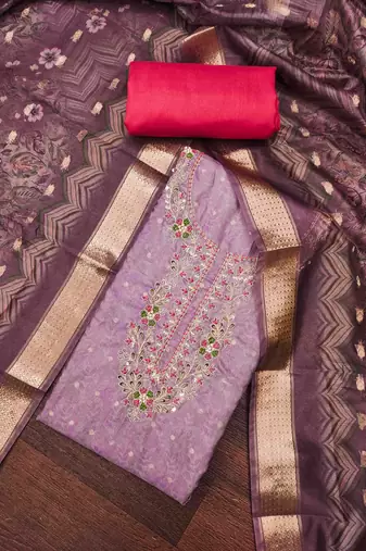 Lavender cotton banarasi print handwork unstitched dress material