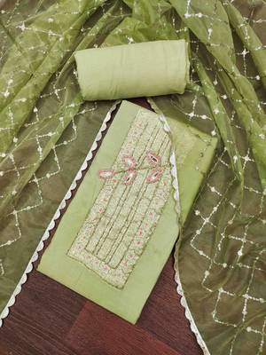 Green cotton banarasi handwork unstitched dress material 2
