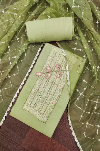 Green cotton banarasi handwork unstitched dress material